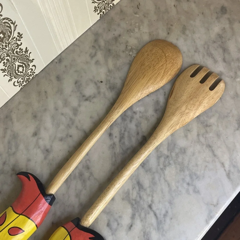 Southwest Themed Wooden Salad Spoons Solid Slotted Cowboy Boots Red Yellow Black